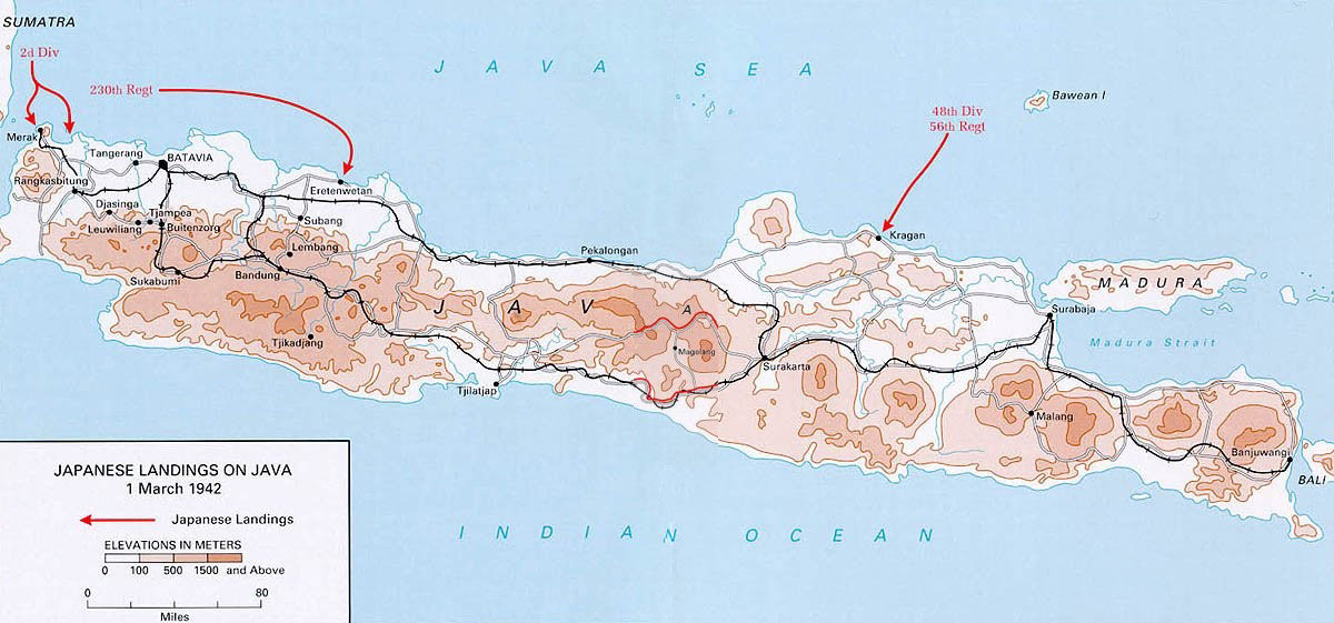 Map noting Japanese landings on Java, 1 Mar 1942