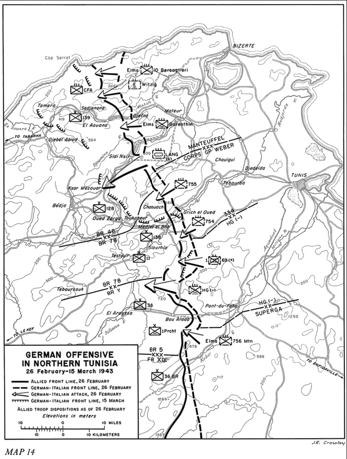 Map depicting German follow-up actions in northwestern Tunisia after Battle of Kasserine Pass, 26 Feb-15 Mar 1943