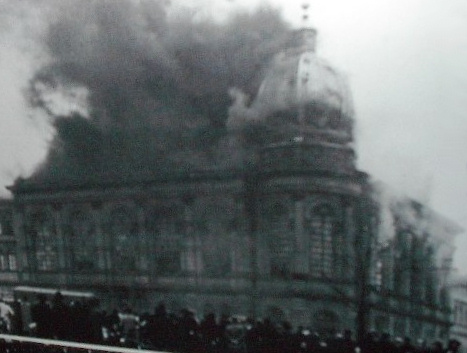 A synagogue in Germany burning, probably during Kristallnacht, 9 to 10 Nov 1938, photo 1 of 2