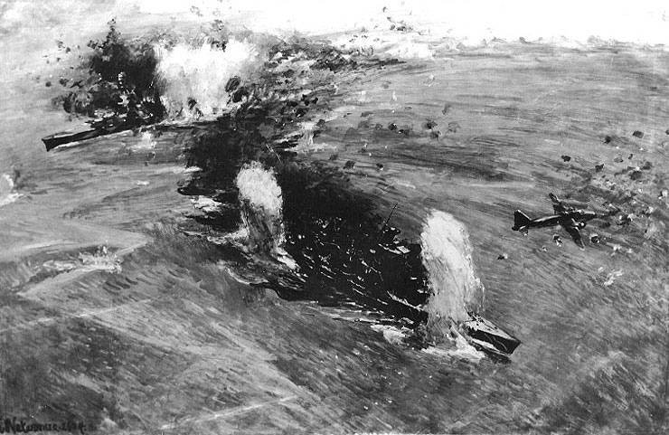 Painting 'Sea Battle off Malaya' by Kanichi Nakamura, 1942