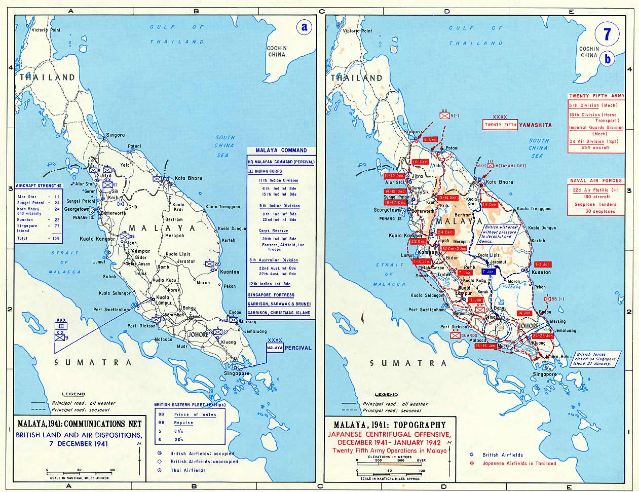 Maps showing British positions in Malaya and the Japanese offensive, Dec 1941-Jan 1942