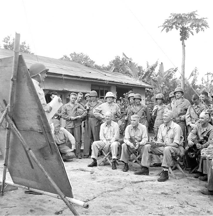Holland M. Smith, Harry Schmidt, and Graves B. Erskine, Saipan, Mariana Islands, circa Jul 1944