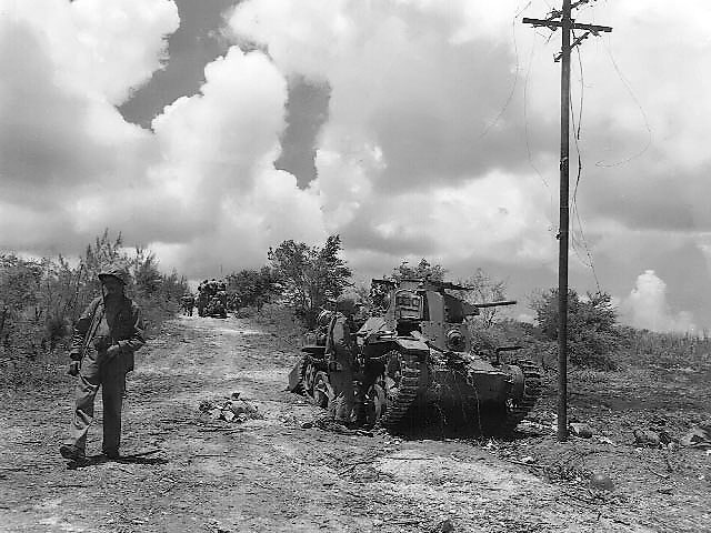 US Marines checking out a disabled Japanese tank, Tinian, Mariana Islands, Jul or Aug 1944