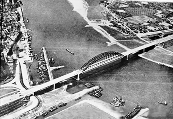 An aerial view of the bridge across the Waal River at Nijmegen, the Netherlands, circa 17-20 Sep 1944