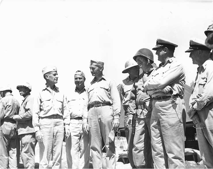 Spruance, Conolly, Forrestal, Schmidt, Smith, Moreel, Carlson, and Pownall at Kwajalein Atoll, Feb 1944, photo 2 of 2
