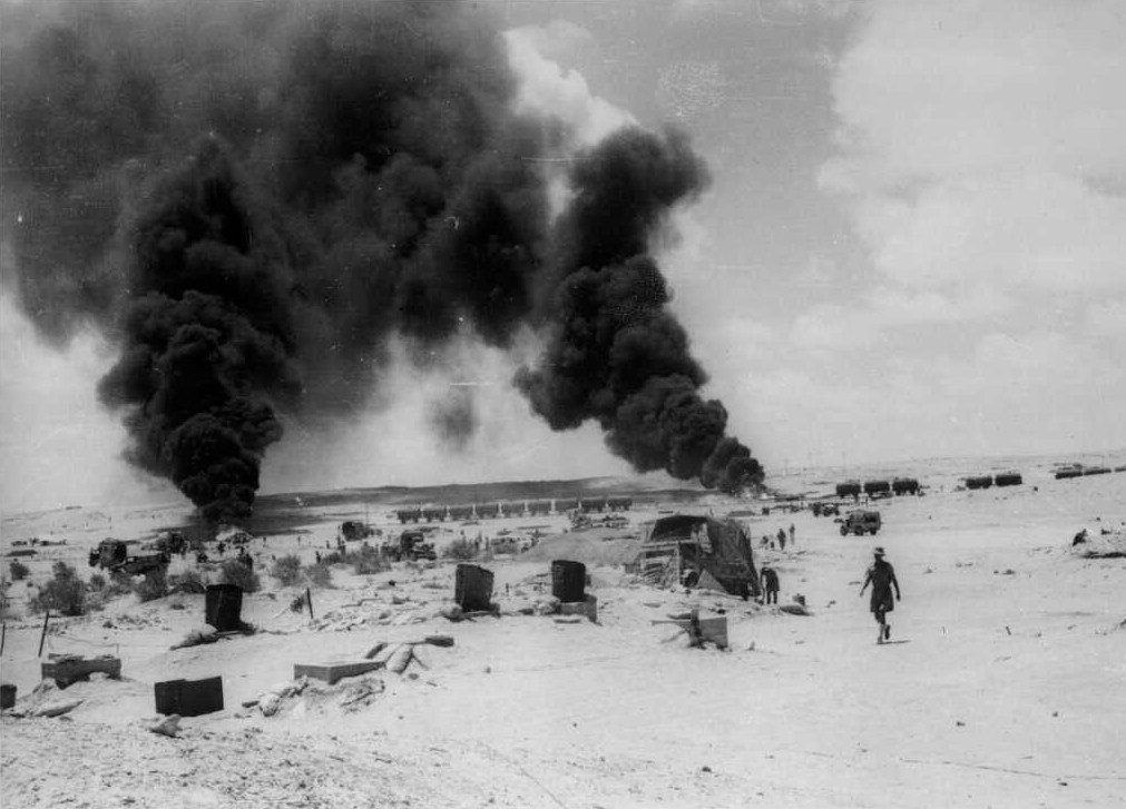 Allied supply dumps on fire, Mersa Matruh, Egypt, late Jun 1942
