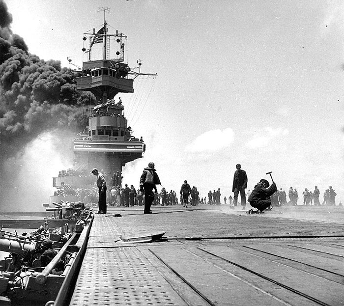 Yorktown burning after hit by three Japanese bombs, 4 Jun 1942
