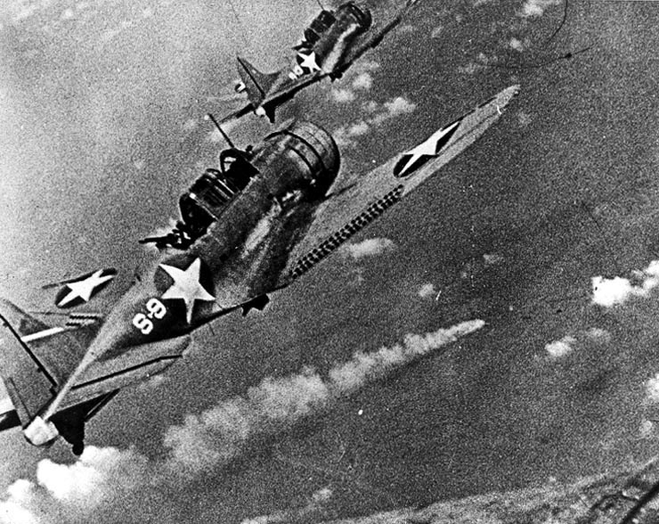 SBDs from Hornet over the burning Mikuma, early afternoon, 6 Jun 1942