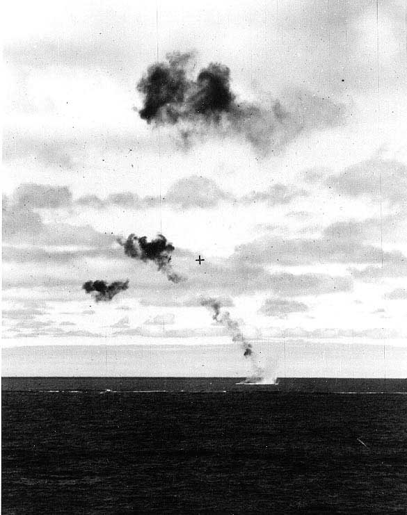 A B5N torpedo bomber shot down by Yorktown's anti-aircraft fire crashing into the sea, 4 Jun 1942, photo 2 of 2