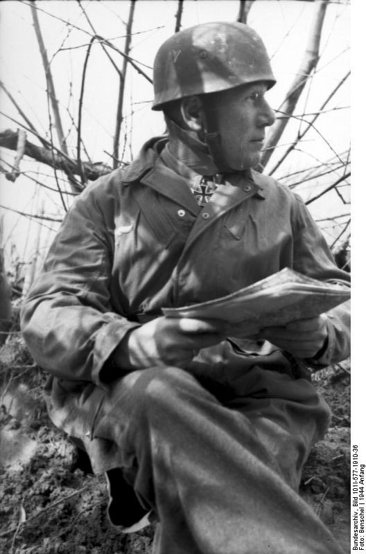 German paratrooper at Monte Cassino, Italy, early 1944; note Knight's Cross medal