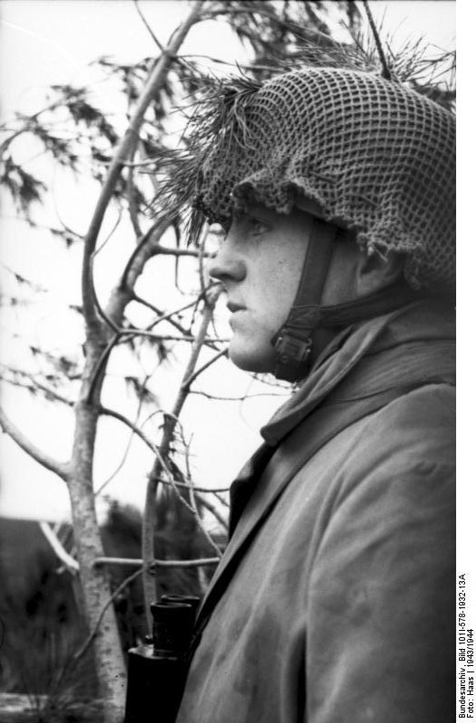 German paratrooper observing the field from a treetop position, Monte Cassino, Italy, 1943-1944, photo 2 of 2