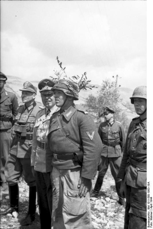 Albert Kesselring inspecting troops on the front lines, Cassino, Italy, Apr 1944