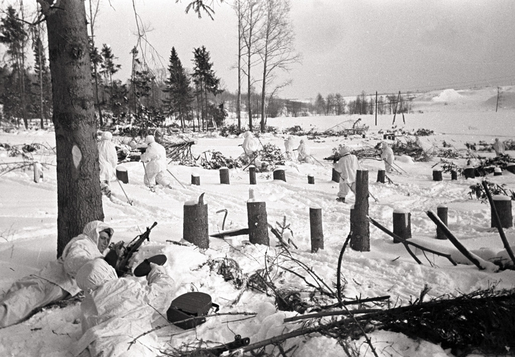 Soviet troops guarding a wooded area outside of Moscow, Russia, 1 Dec 1941