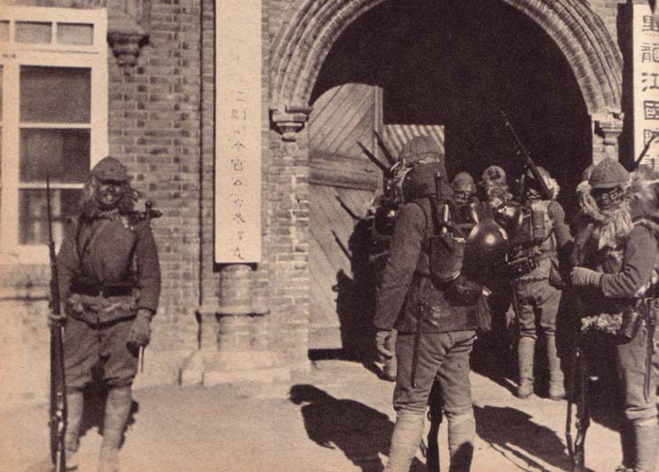 Japanese troops at barracks, possibly in Harbin, Manchuria, circa late 1931