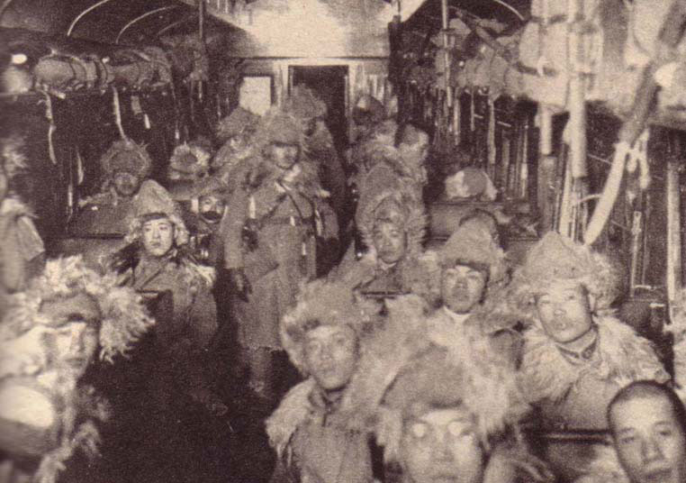 Interior of a Japanese troop transport train, northeastern China, date unknown
