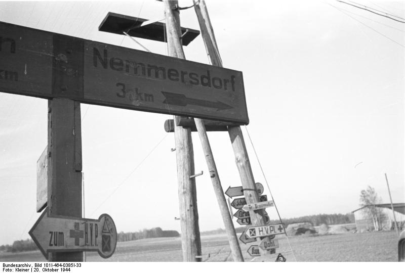Road sign near Nemmersdorf, East Prussia, Germany, late Oct 1944, photo 1 of 2