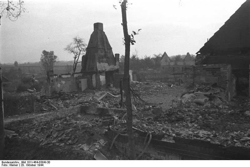 Destroyed buildings at Nemmersdorf, East Prussia, Germany, late Oct 1944, photo 1 of 6