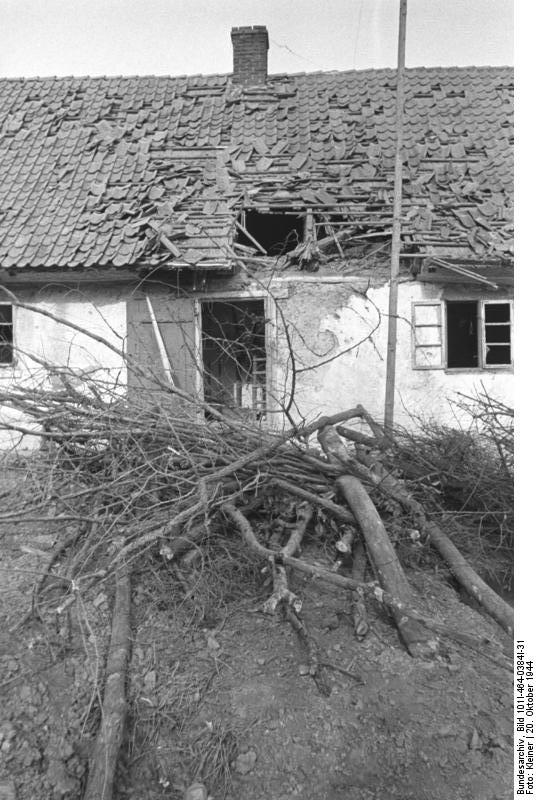Destroyed buildings at Nemmersdorf, East Prussia, Germany, late Oct 1944, photo 2 of 6