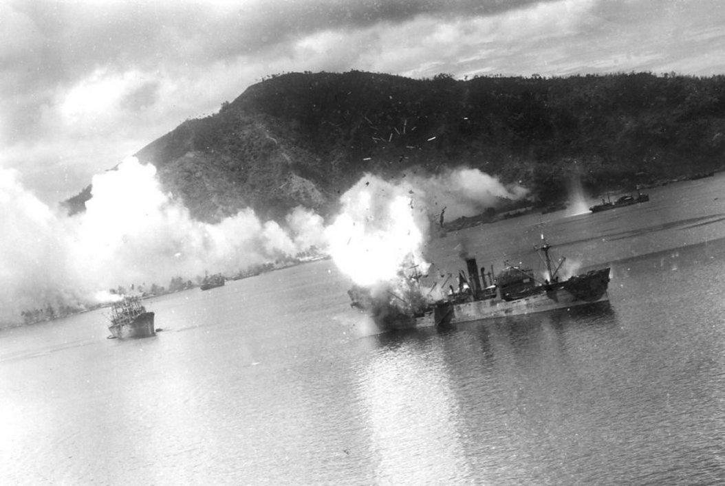 Japanese cargo ships under attack, Rabaul, New Britain, 2 Nov 1943