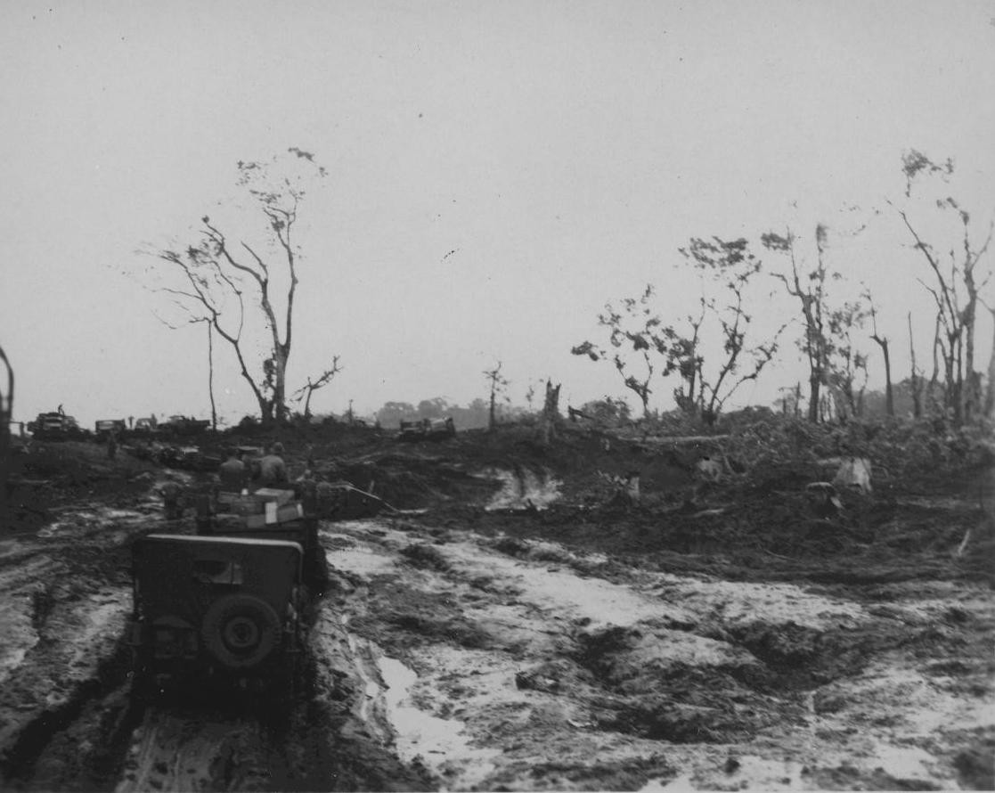 Jeeps driving in muddy terrain, Cape Gloucester, New Britain, 1943