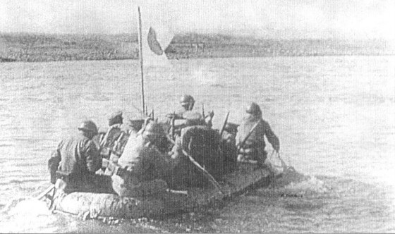 Japanese soldiers crossing Khalkhin Gol river, Mongolia Area, China, mid-1939