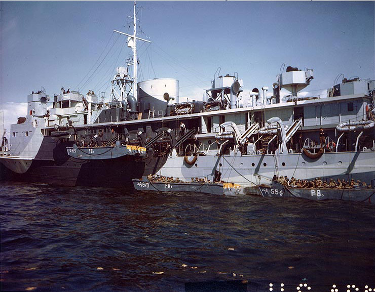 British landing ship Prince Baudouin launched three LCA landing craft, filled with American troops, during amphibious exercises in a British port, circa May-Jun 1944
