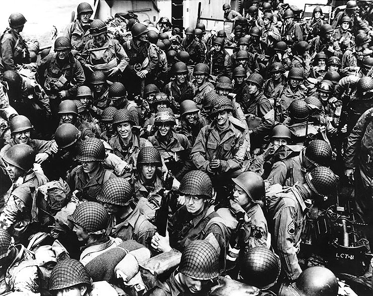 US Army troops aboard a LCT landing craft, ready to cross the English Channel to France, 12 Jun 1944