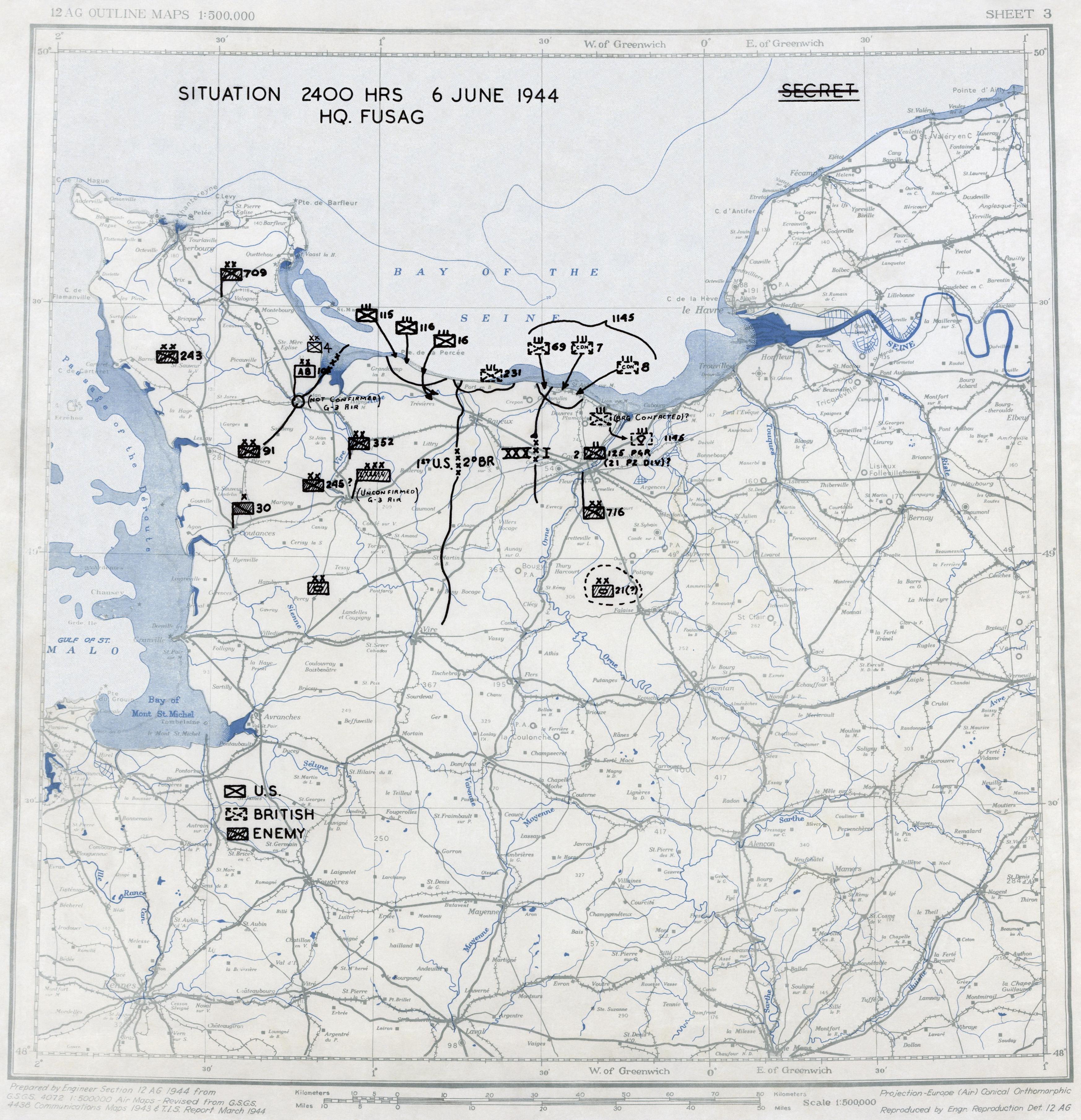 Map noting situation at Normandy, France at 2400 hours on 6 Jun 1944; note title text with deceptive American unit FUSAG