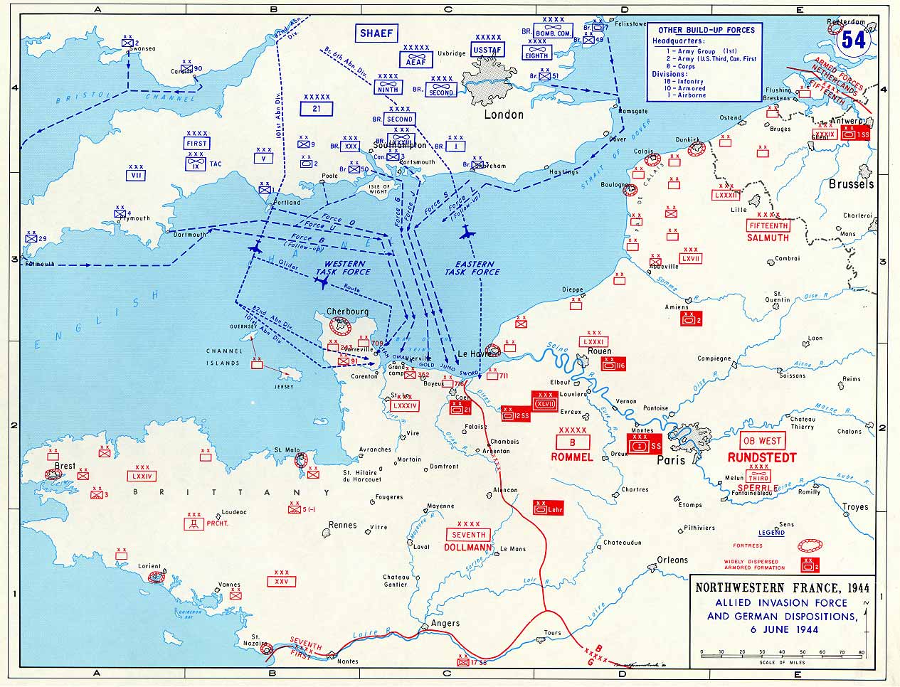 Map noting Allied and German dispositions in southern England, United Kingdom and Normandy, France on 6 Jun 1944