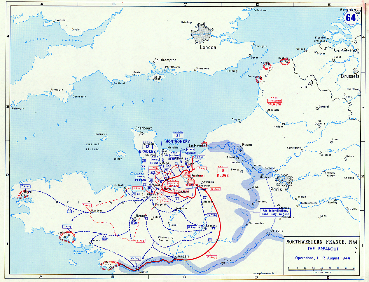 Map depicting the Allied breakout in Normandy, France, 1-13 Aug 1944