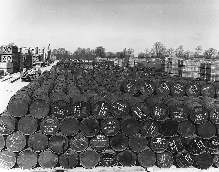 Stocks of oil and other supplies gathered at Hixton General Depot, G-23, England, United Kingdom in preparation for the invasion of France, 8 Apr 1944