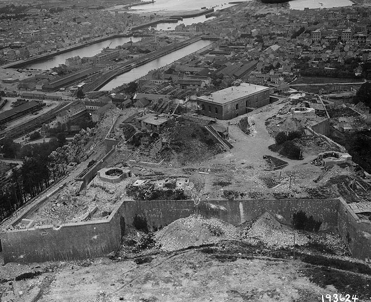 Fort du Roule located at Cherbourg's inner harbor showing damage from Allied bombardment, 8 Jul 1944