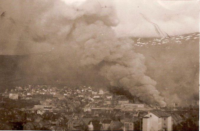 Smoke rising from Narvik, Norway after German bombing, May-Jun 1940