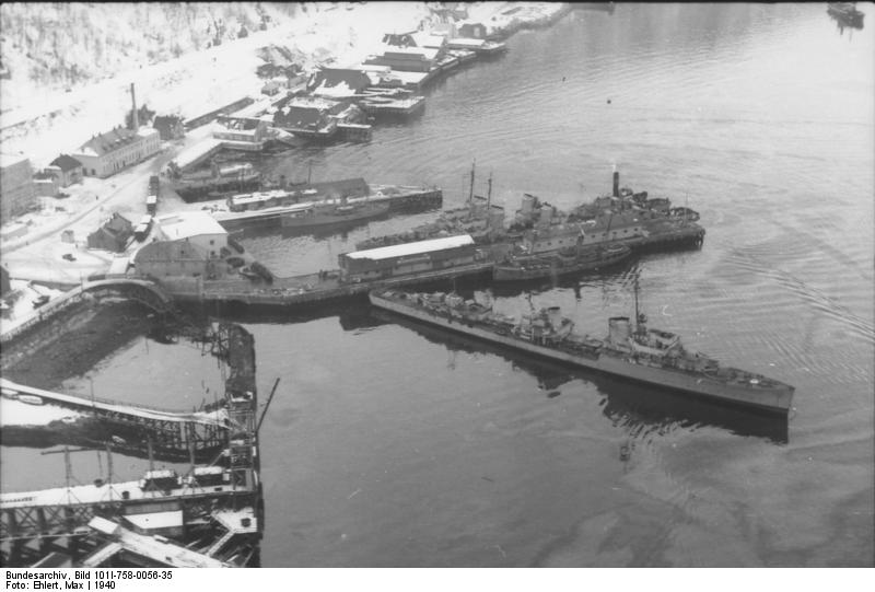 German 1934-class destroyer and other ships in port in Narvik, Norway, 1940