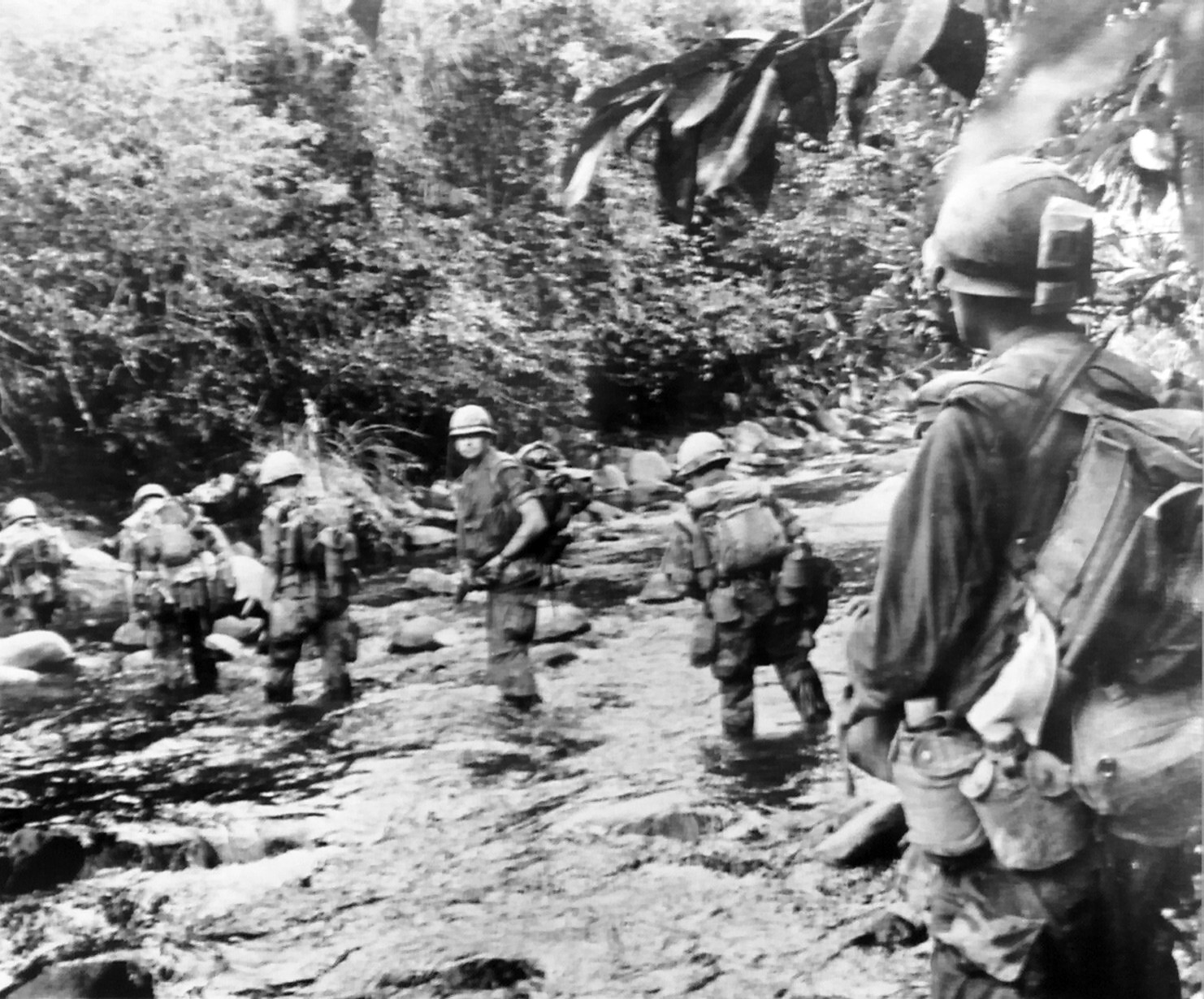 Men of the US 1st Marine Division fording a muddy jungle stream at Okinawa, Japan, circa Apr-Jun 1945