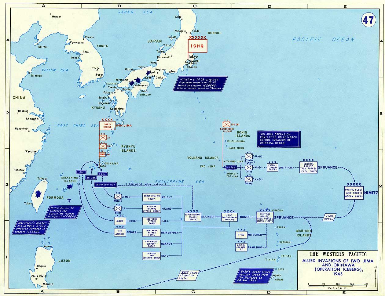 Map depicting Allied attacks on Honshu, Iwo Jima, Okinawa, and Taiwan, Feb-Apr 1945