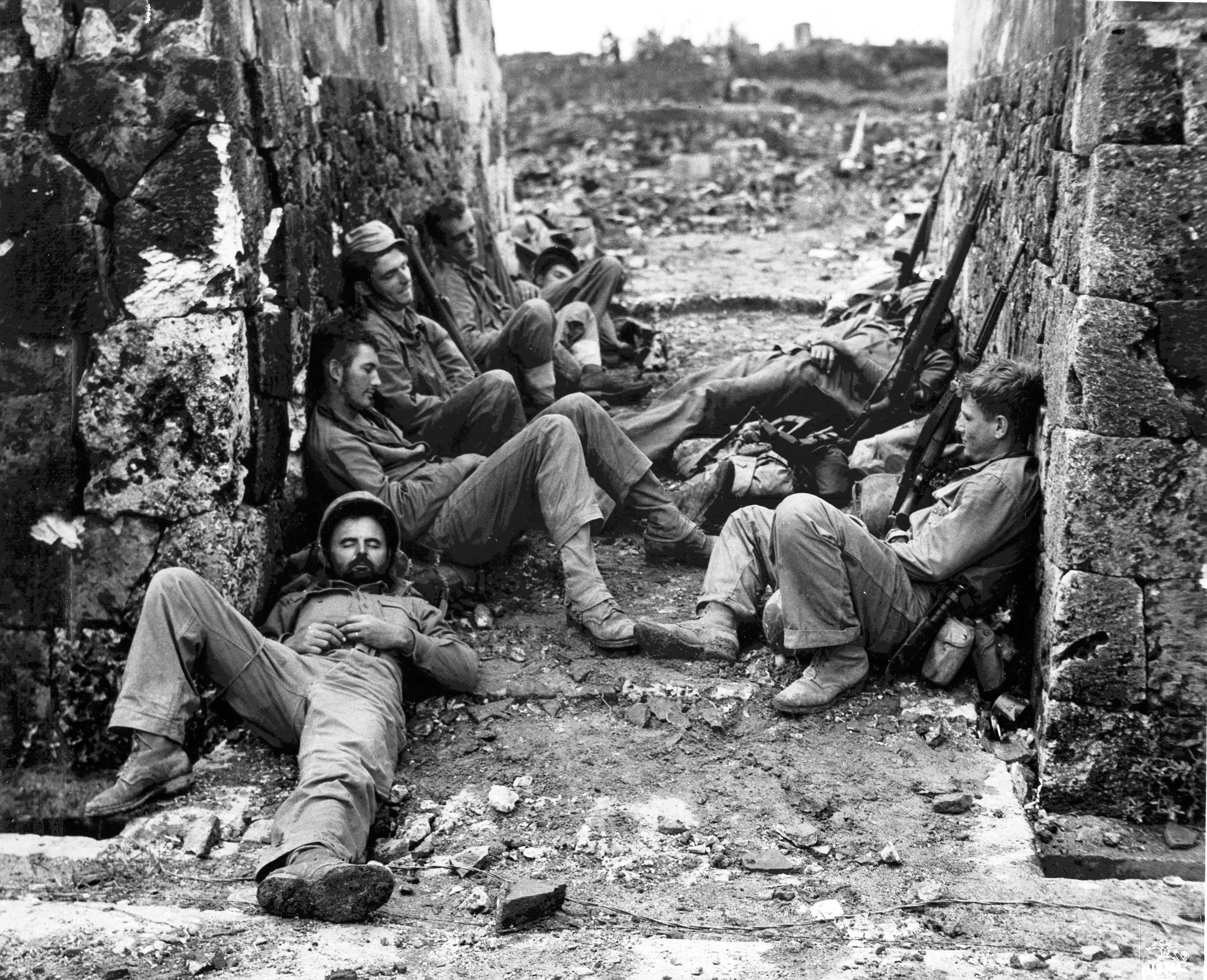 Men of US 6th Marine Division resting in Naha, Okinawa, Japan, 29 May 1945