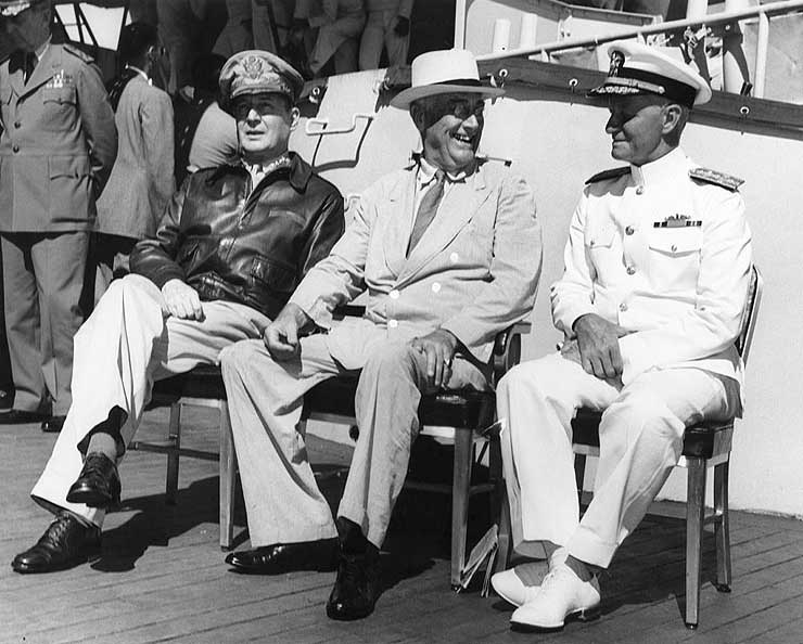 MacArthur, Roosevelt, and Nimitz aboard USS Baltimore, Pearl Harbor, US Territory of Hawaii, 26 Jul 1944, photo 1 of 3