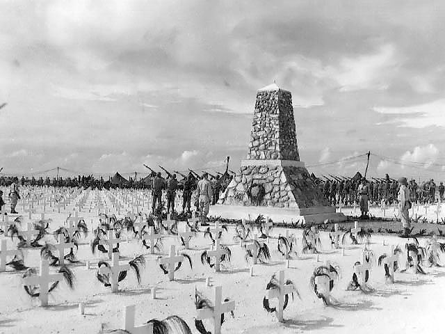 A volley of rifle fire memorialized Americans fallen during the attack on Peleliu, Palau Islands, 27 Dec 1944
