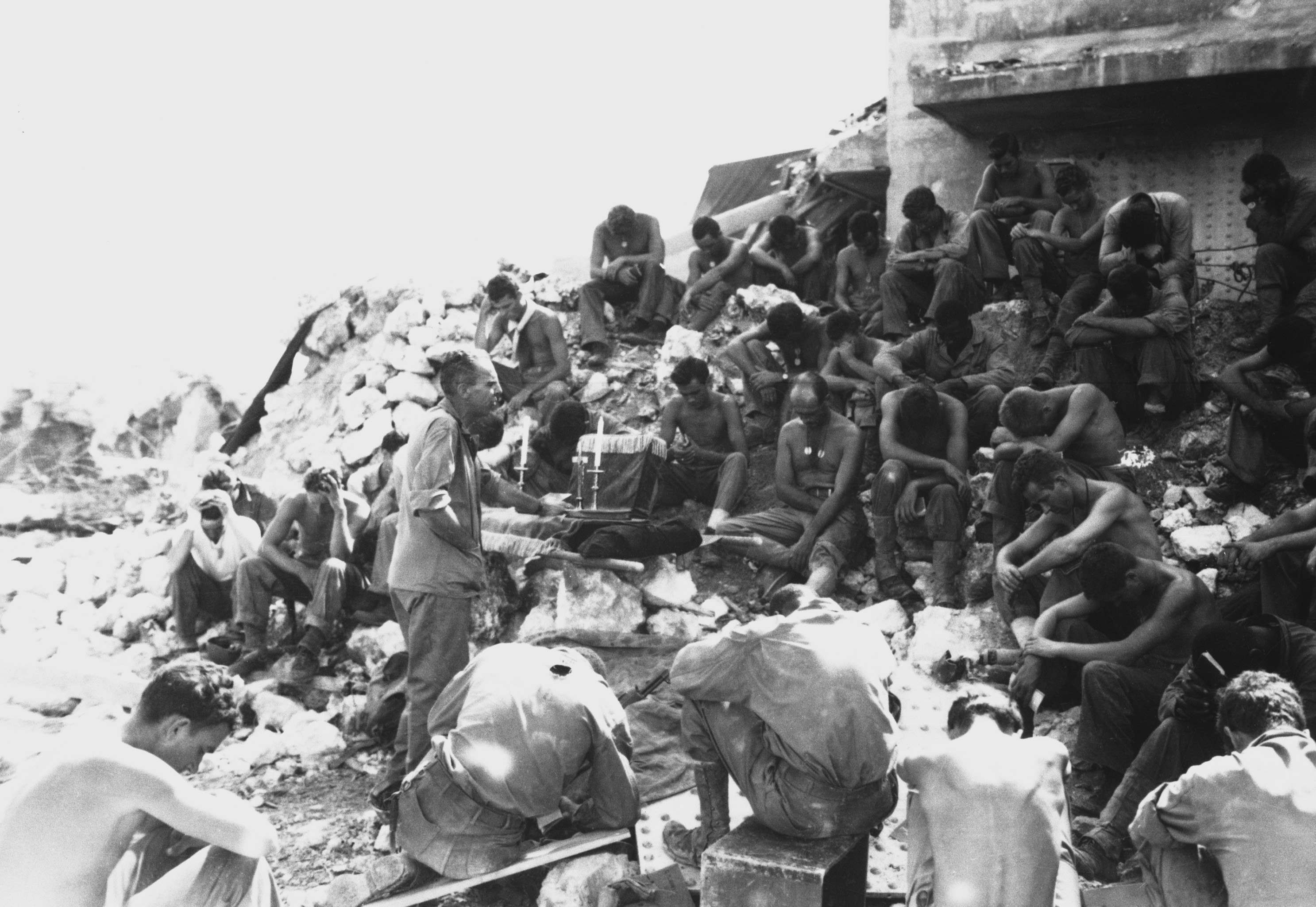 Rufus W. Oakley holding a Protestant Christian religious service for US Marines on Peleliu, Palau Islands, Sep 1944