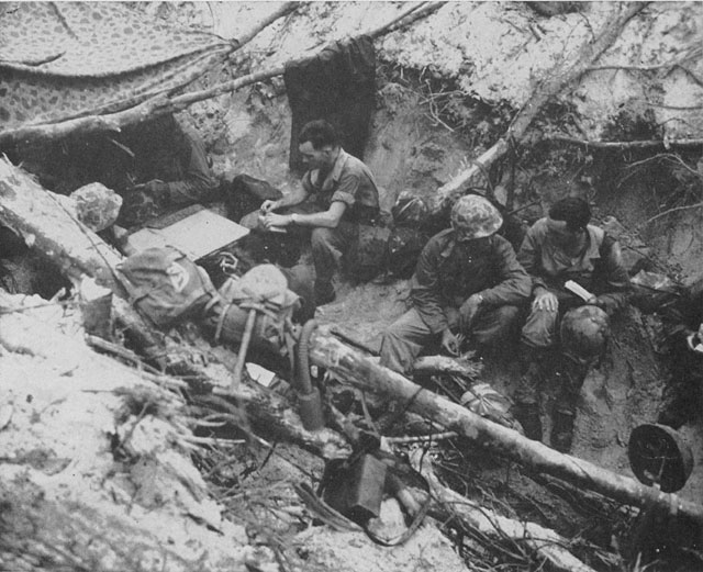 US 7th Marine Regiment's command post inside a former Japanese anti-tank ditch, Peleliu, Palau Islands, 15 Sep 1944