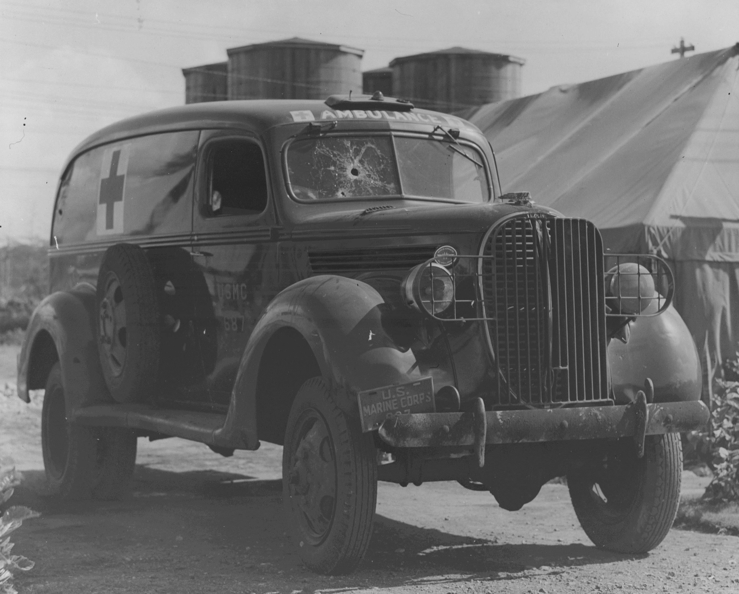 Destroyed 1938 Ford ambulance stationed at Ewa Field, Oahu, US Territory of Hawaii, Dec 1941