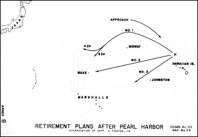 Annex B of the interrogation of Mitsuo Fuchida, 10 Oct 1945; map of Japanese withrdawl routes after Pearl Harbor attack