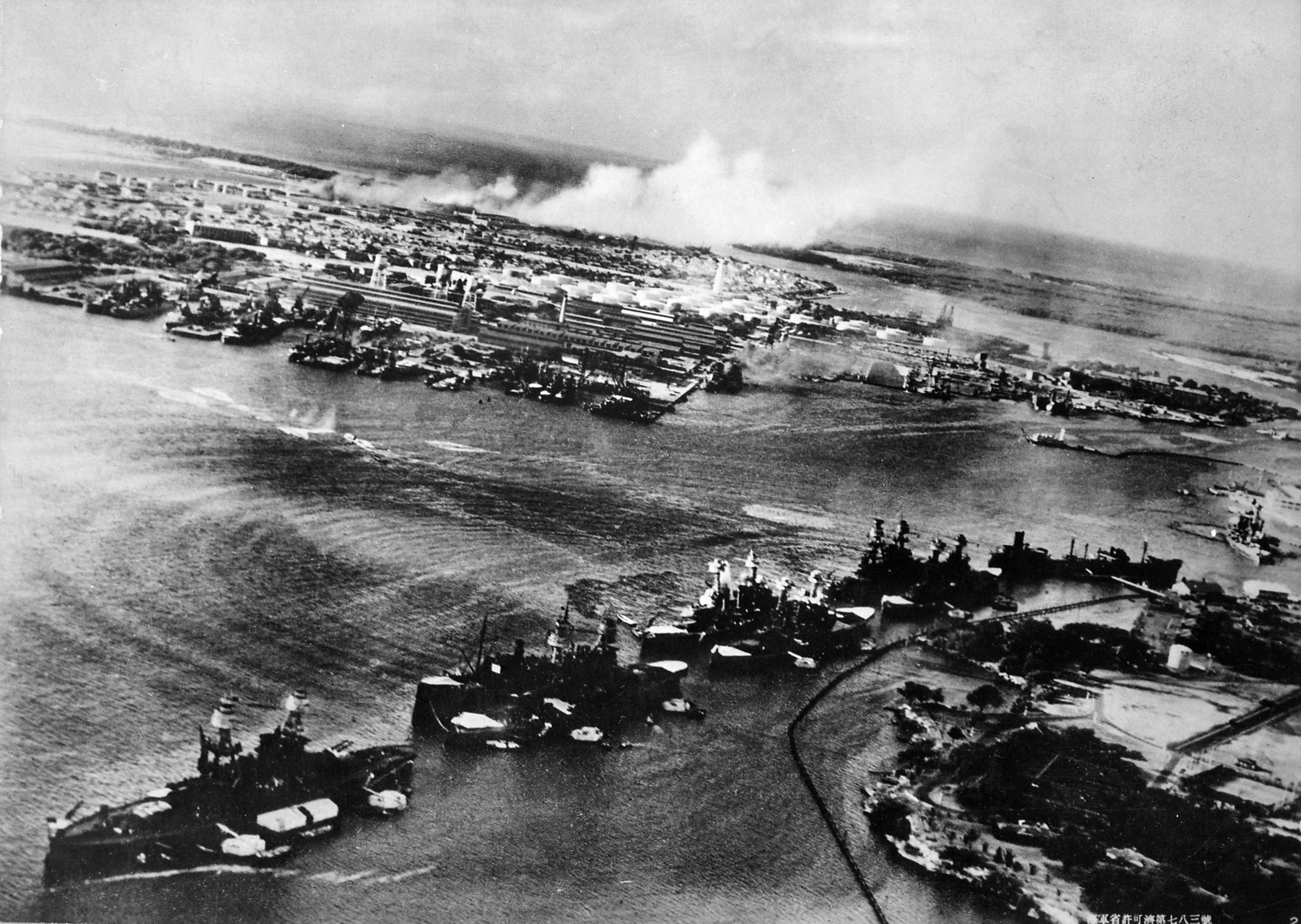 Attack on 'Battleship Row' of Pearl Harbor, seen from a Japanese aircraft, 7 Dec 1941