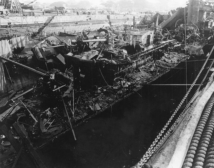 Wrecks of destroyers Downes and Cassin in Drydock One at Pearl Harbor Navy Yard, 7 Dec 1941, photo 4 of 5