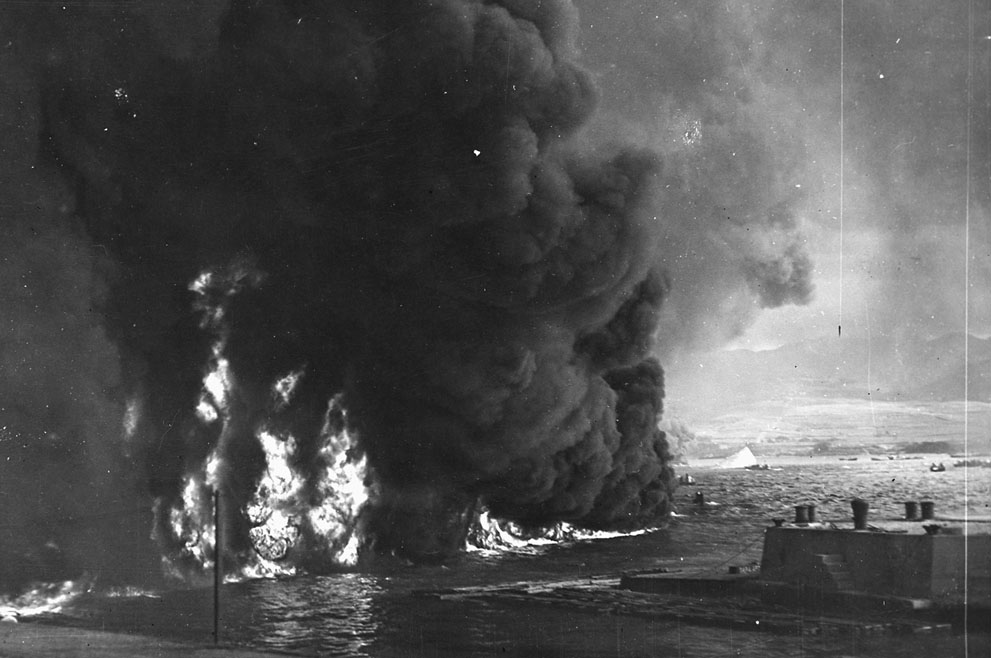 Oil burning on the water surface in Pearl Harbor, Oahu, US Territory of Hawaii, 7 Dec 1941