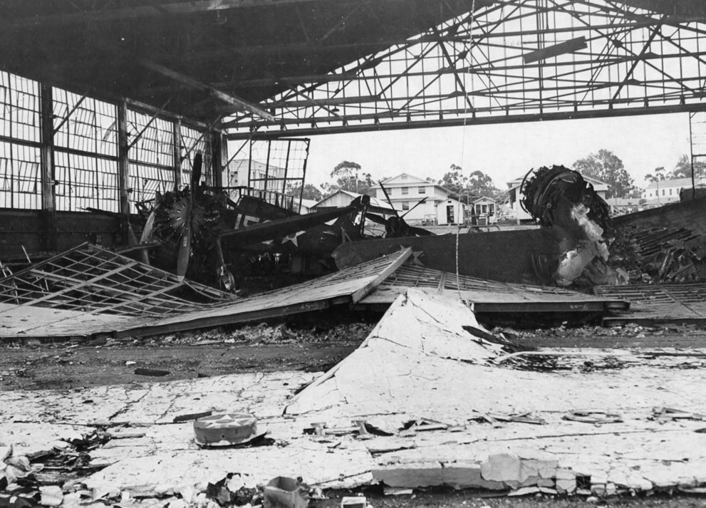 Damaged P-26 aircraft and hangar at Wheeler Field, Oahu, US Territory of Hawaii, 11 Dec 1941