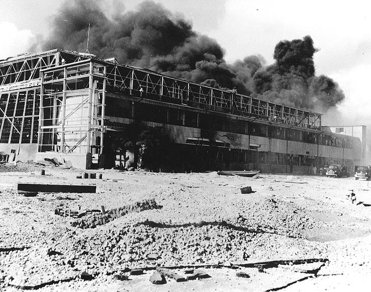Hangar 2 at Naval Air Station Kaneohe burning, US Territory of Hawaii, 7 Dec 1941