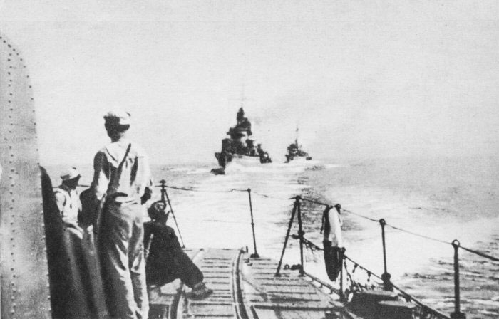 Polish destroyers Grom and Burza during Operation Peking, viewed from destroyer Błyskawica, circa 29 Aug-1 Sep 1939