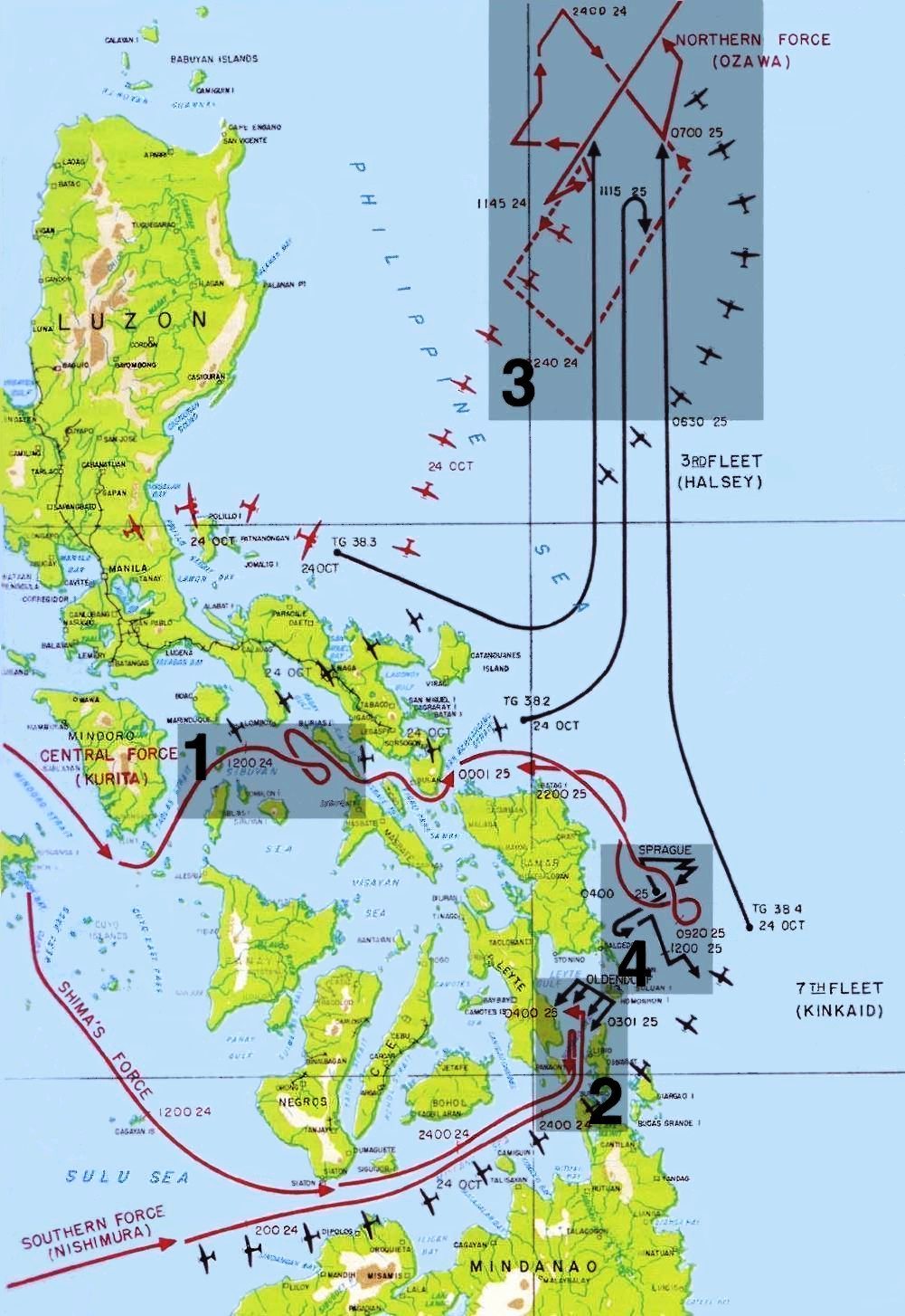 Map depicting fleet movements during the Battle of Leyte Gulf, 24-25 Oct 1944